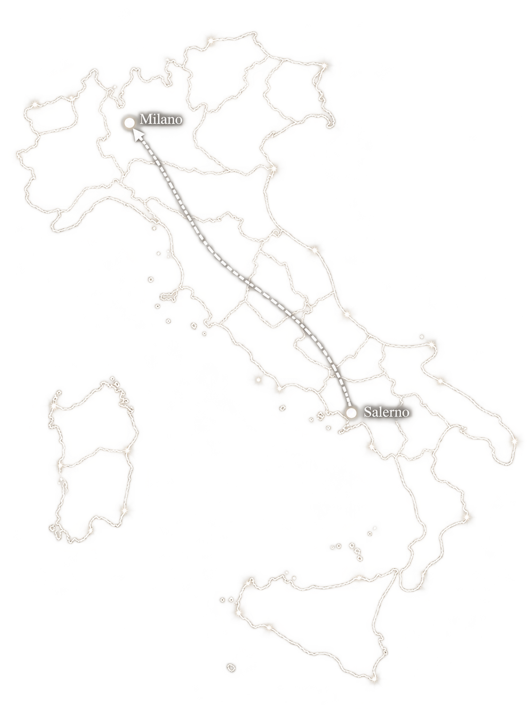 Italia con i confini regionali e il percorso da Salerno a Milano